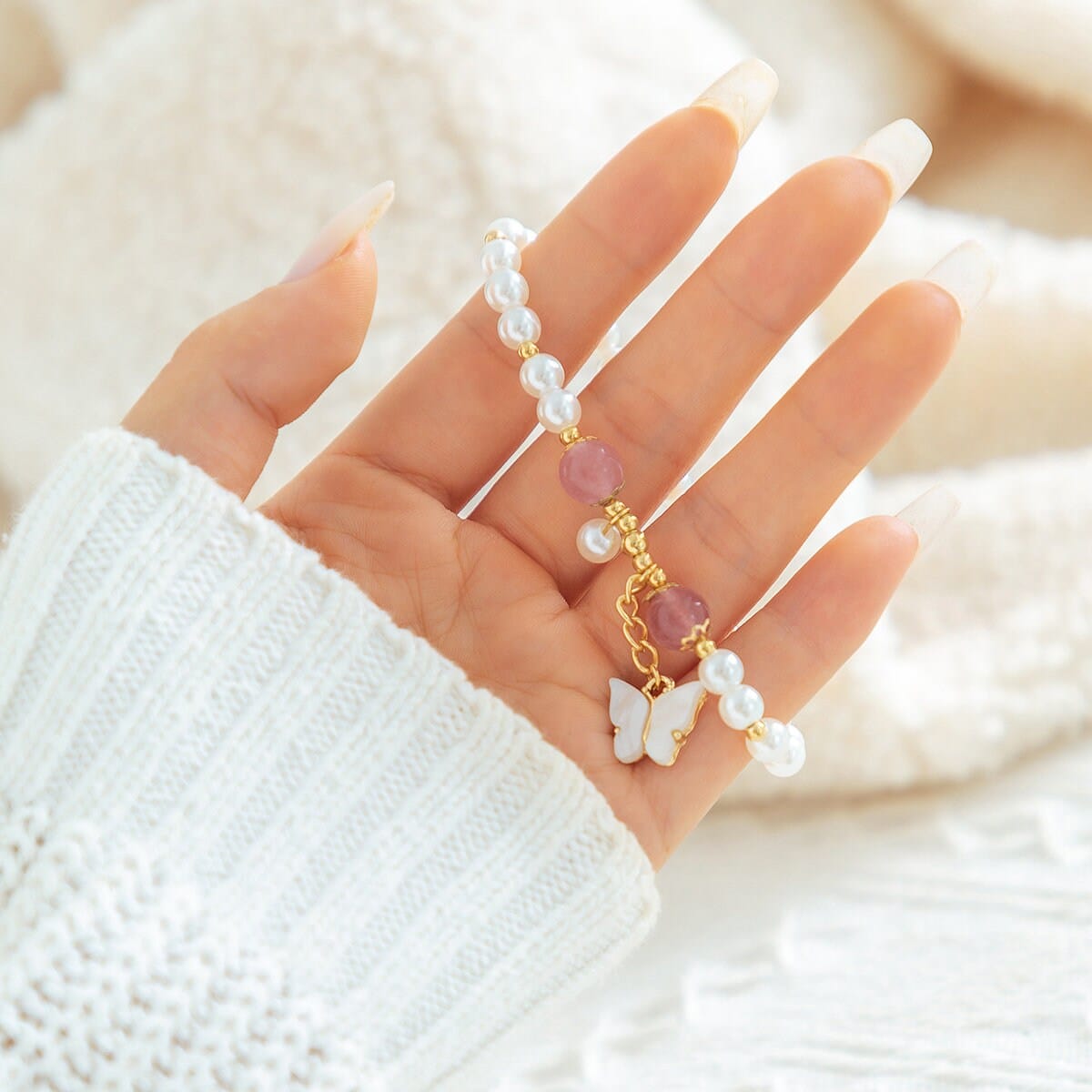Boho Butterfly Charm Natural Crystal Pearl Chain Bracelet
