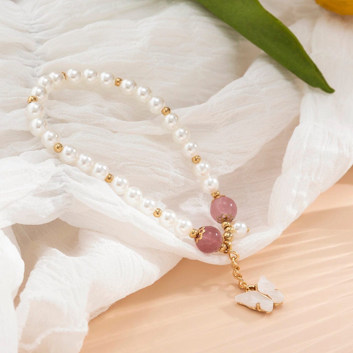 Boho Butterfly Charm Natural Crystal Pearl Chain Bracelet