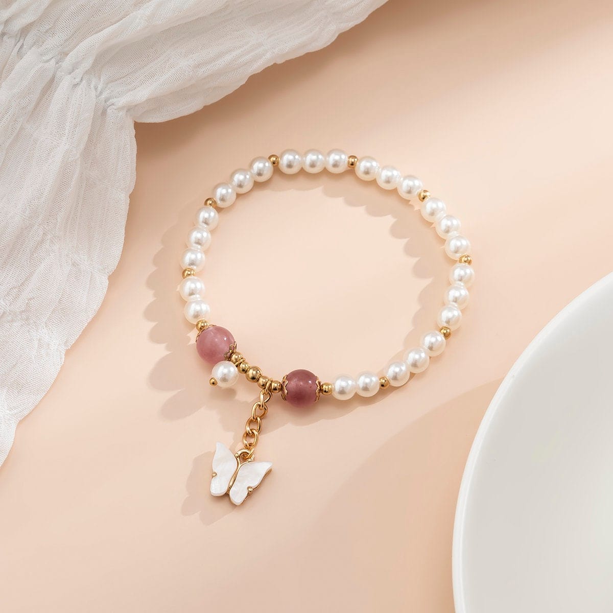 Boho Butterfly Charm Natural Crystal Pearl Chain Bracelet
