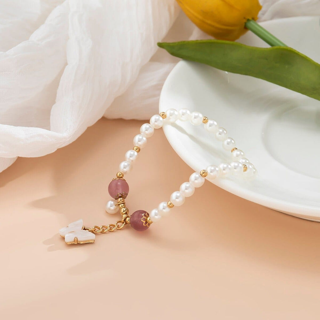 Boho Butterfly Charm Natural Crystal Pearl Chain Bracelet