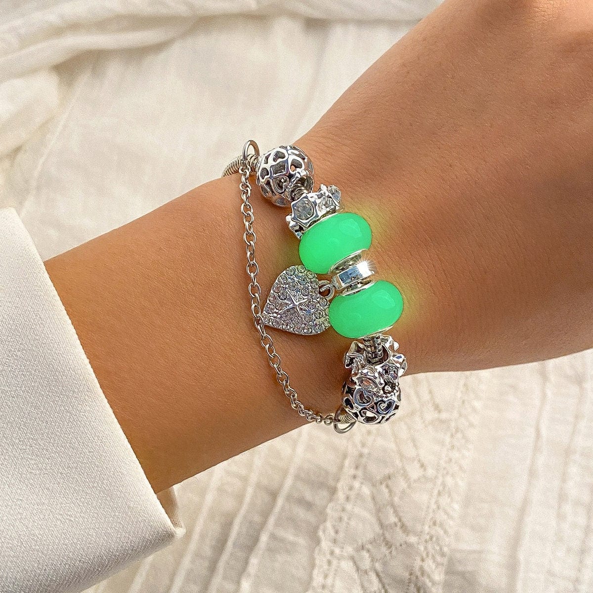 Boho CZ Inlaid Heart Charm Luminous Glow In The Dark Bracelet