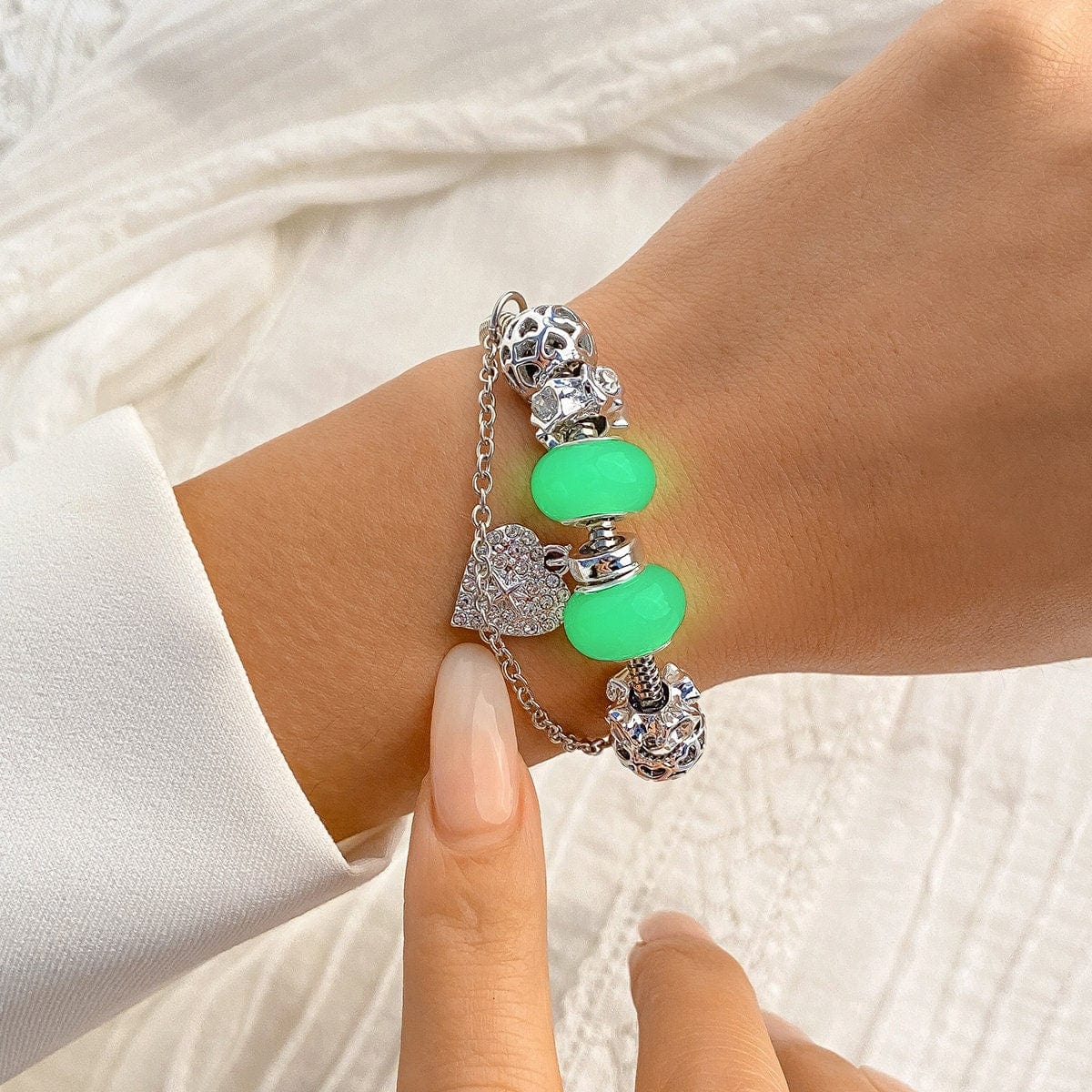 Boho CZ Inlaid Heart Charm Luminous Glow In The Dark Bracelet