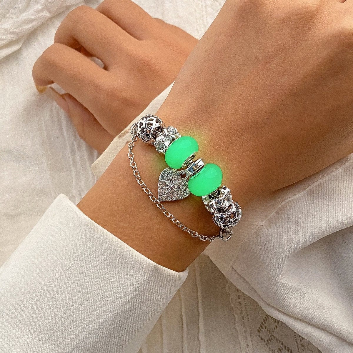 Boho CZ Inlaid Heart Charm Luminous Glow In The Dark Bracelet