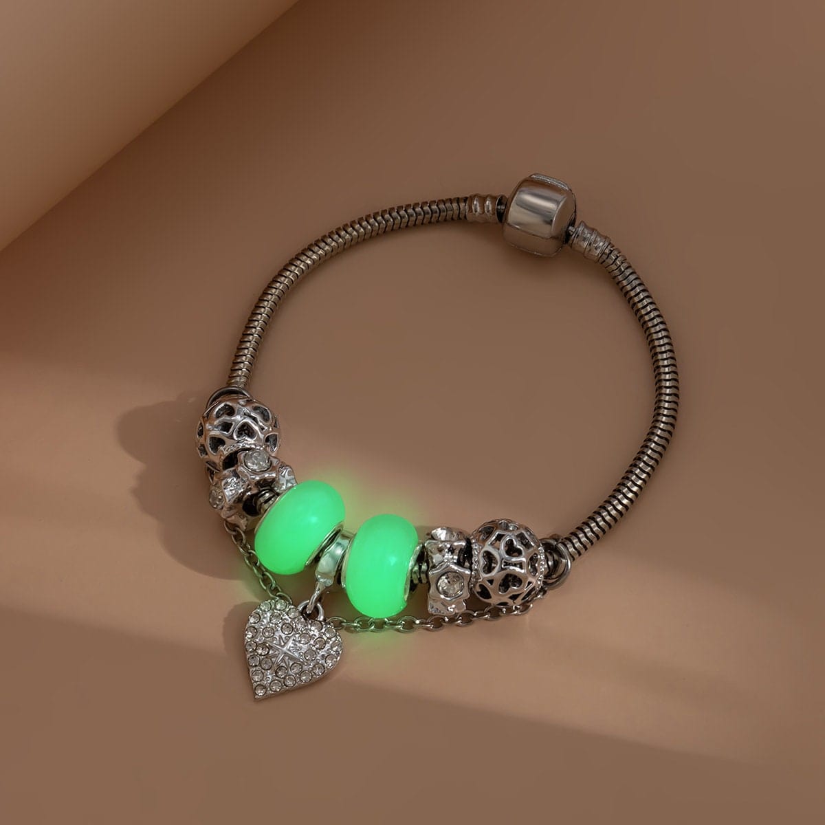 Boho CZ Inlaid Heart Charm Luminous Glow In The Dark Bracelet