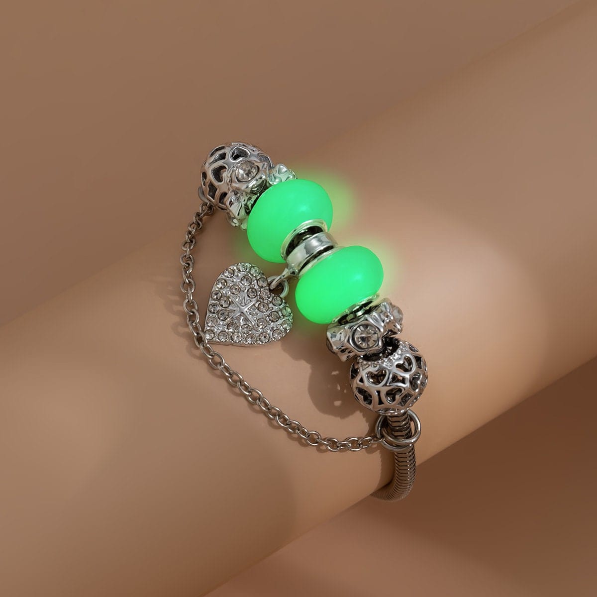 Boho CZ Inlaid Heart Charm Luminous Glow In The Dark Bracelet
