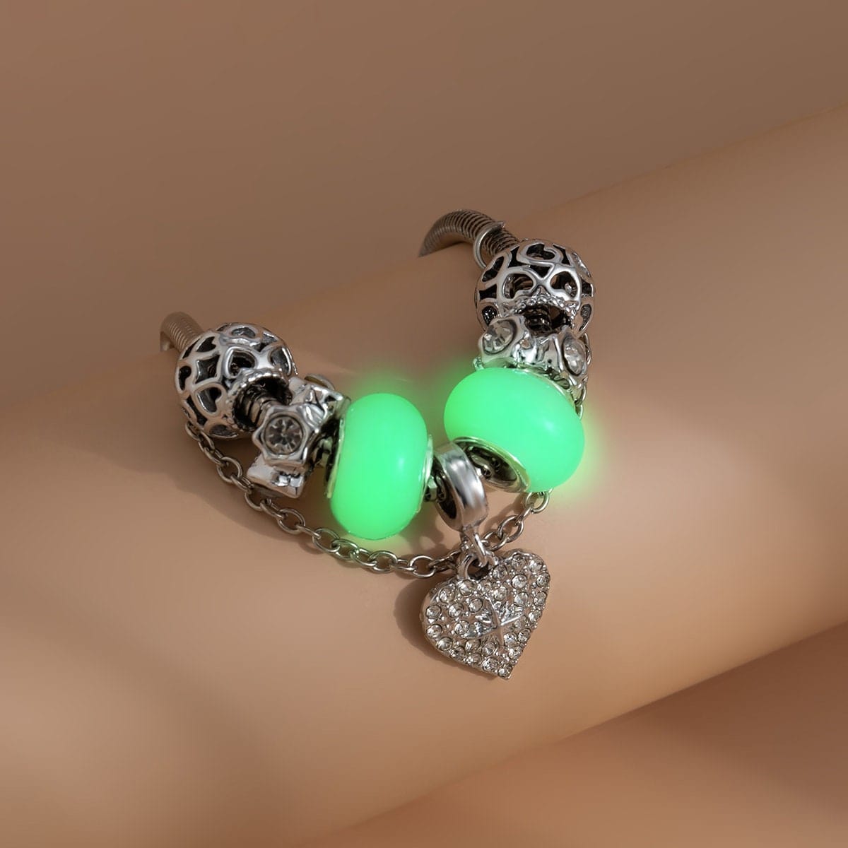 Boho CZ Inlaid Heart Charm Luminous Glow In The Dark Bracelet