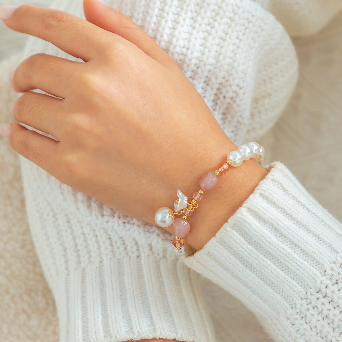 Boho Floral Charm Natural Crystal Pearl Chain Bracelet