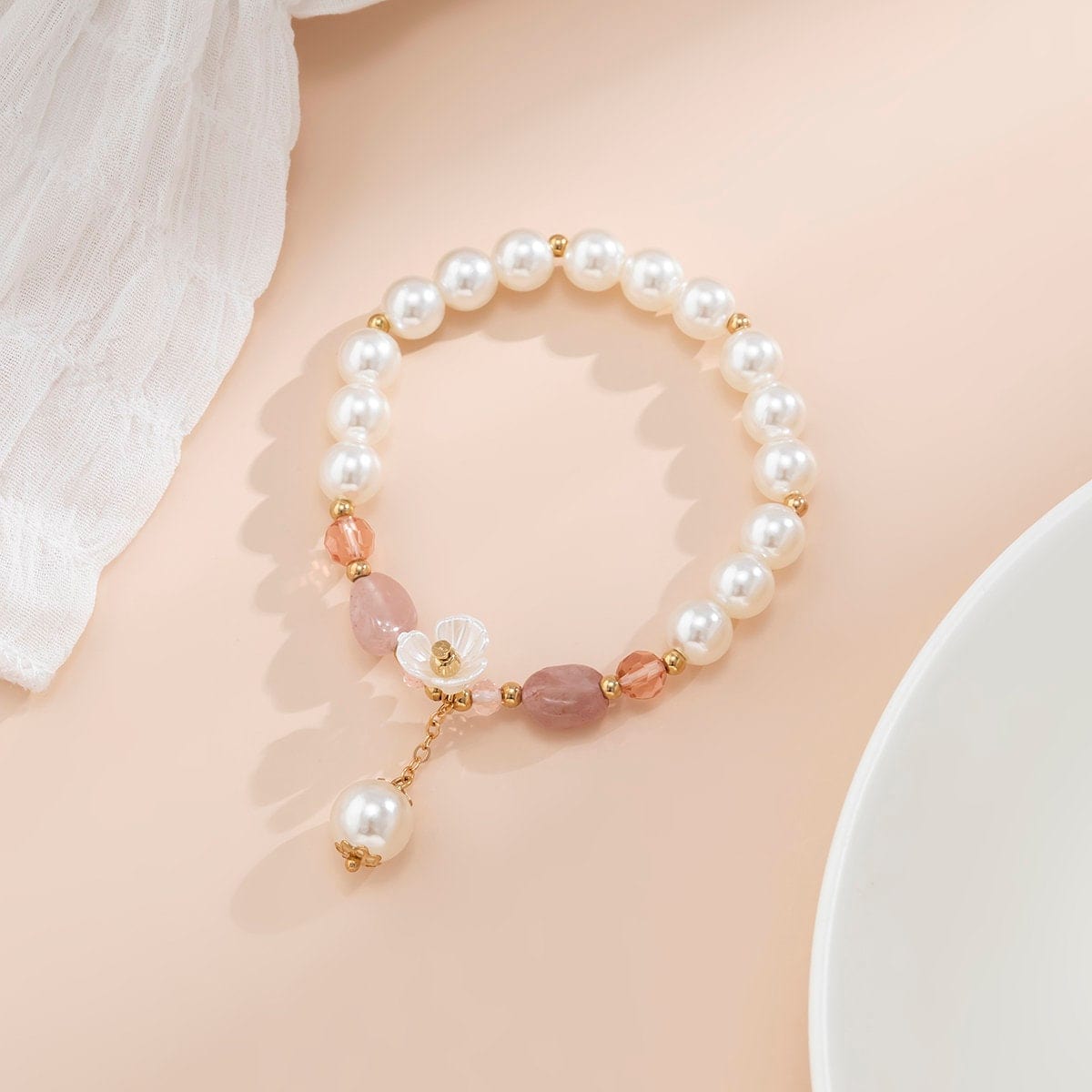 Boho Floral Charm Natural Crystal Pearl Chain Bracelet