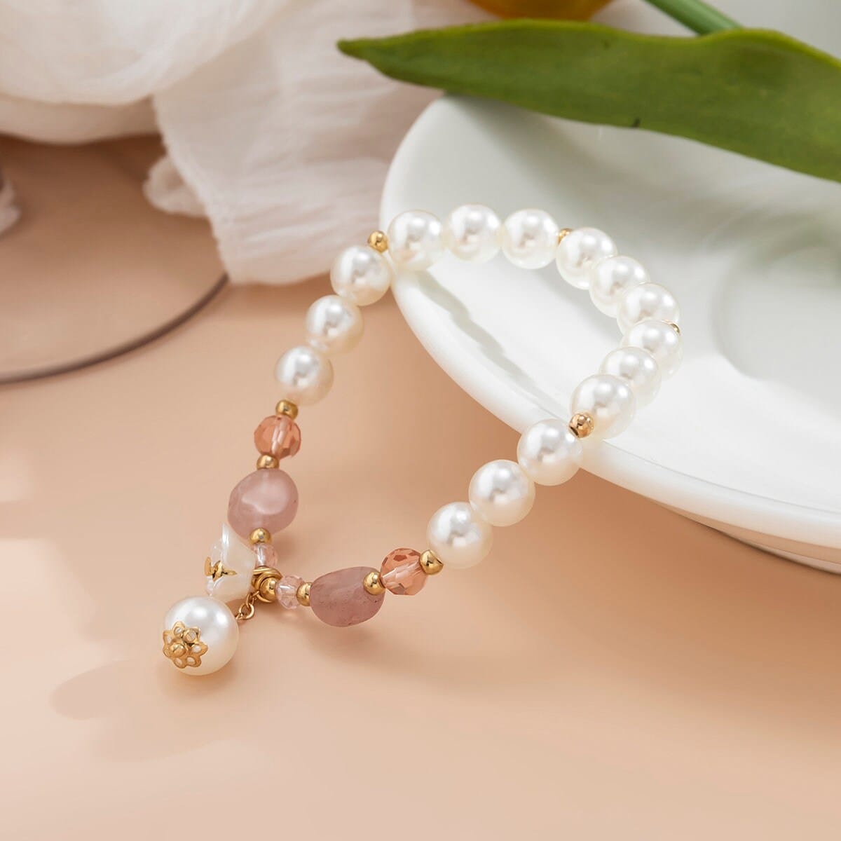Boho Floral Charm Natural Crystal Pearl Chain Bracelet