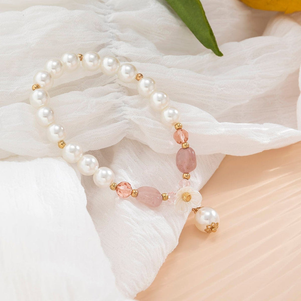 Boho Floral Charm Natural Crystal Pearl Chain Bracelet